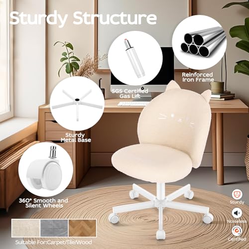 Vanity Chair with Cat Backrest - Small Armless Office Desk Chair, Beige