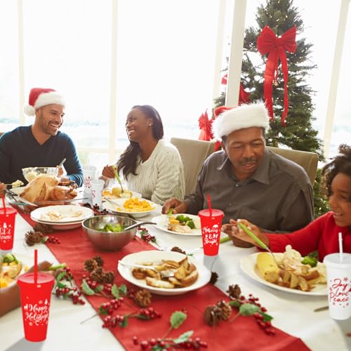 Cinrobiye Red 24 oz Christmas Plastic Cups with Lids & Straws - Holiday Party Supplies