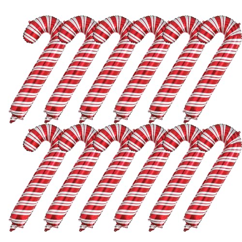 Deermon 12 Pack Large Red Candy Cane Foil Balloons - Xmas Party Decor (Variation: Red)