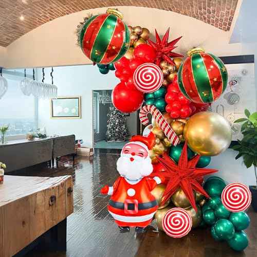 158PCS Christmas Balloon Arch Kit Xmas Party Balloons with Red Green White Golden Balloons Xmas Decoration Foil Balloons