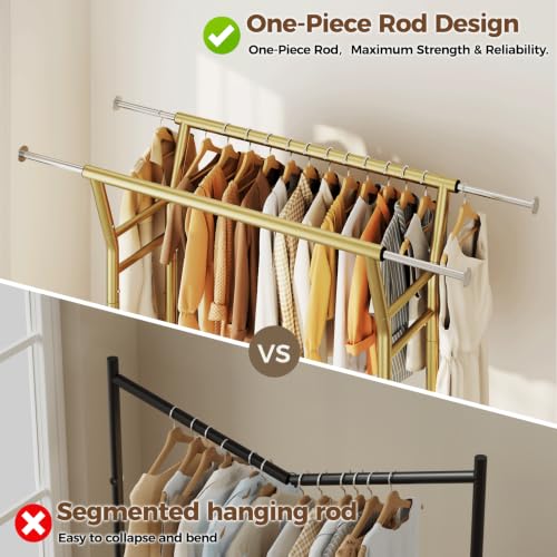 HYSEYY Gold Heavy Duty Rolling Clothes Rack with Shelves - Supports 700LBS