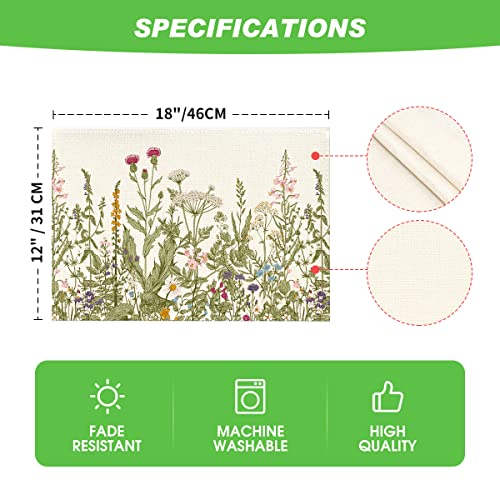 Artoid Mode Antique Herbs and Wild Flowers Summer Placemats Set of 4, 12x18 Inch Seasonal Wildflower Spring Table Mats for Party Kitchen Dining Decoration