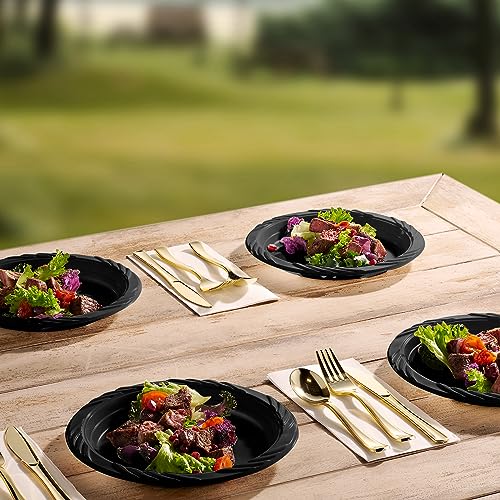 9 Inch Black Plastic Dinner Plates Set - Bulk Pack of 200 Disposable Plates