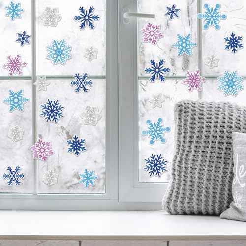 Whaline 30Pcs Winter Thick Gel Clings Christmas Blue Purple Silver Snowflake Window Gel Decals Cute Reusable Xmas Winter Window Clings for Home Classroom Nursery Frozen Party Supplies