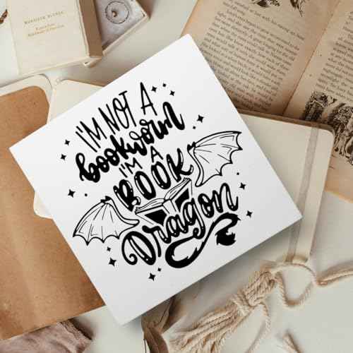 Book Lover Decor Wooden Box Sign, Reader Bookworm Bookish Desk Decoration Home Bedroom Office Bookshelf Decor, I'm A Book Dragon, Book Lover Nerd Librarian Gifts for Teens Women Men, White
