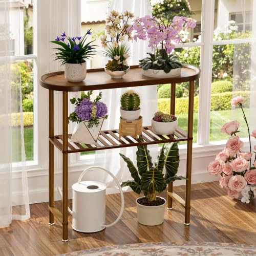 Small Entryway Bamboo Table 30.7" Narrow Hallway 2-Tier Console with Edges - Dark Walnut
