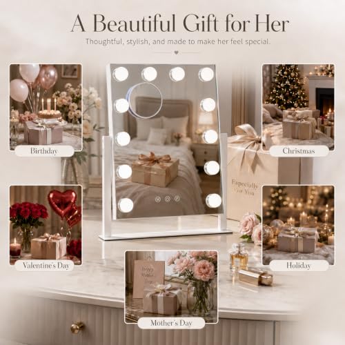 ZBOCAI Dimmable Vanity Mirror with Lights 12 Bulbs 16.4 x 13.1 inch - White Hollywood Makeup Mirror with Detachable 10X Magnifier