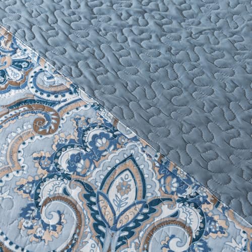 Paisley Blue-Gray Cotton Queen Size Quilt Set - Reversible Bedspread for All Seasons