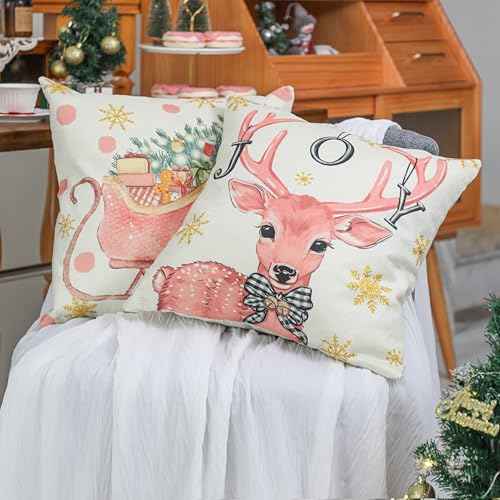 Christmas Pillow Covers, 18x18 Set of 4 Pink Xmas Pillow Covers Decor, Santa Snowflake Merry Christmas Tree Reindeer Joy Gift, Winter Pillowcase Decorative Throw Cushion Case for Sofa Caces