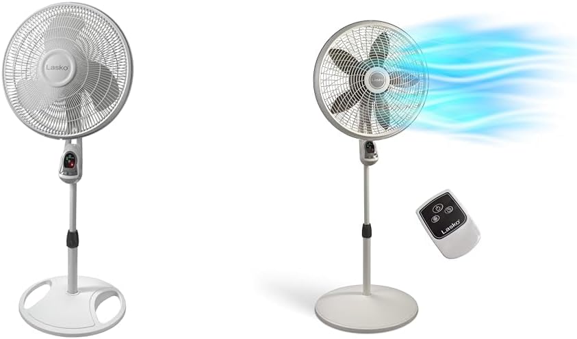 Lasko Elegance and Performance Pedestal Stand Fan, 3-Speeds, 90 Degree Oscillation, Adjustable Height, Timer, Remote for Indoor, Bedroom, Living Room, Home Office, Dorm Use, 18 Inch, White, 1850