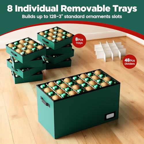 Large Christmas Ornament Storage Box with Adjustable Dividers, Holds 128 Ornaments