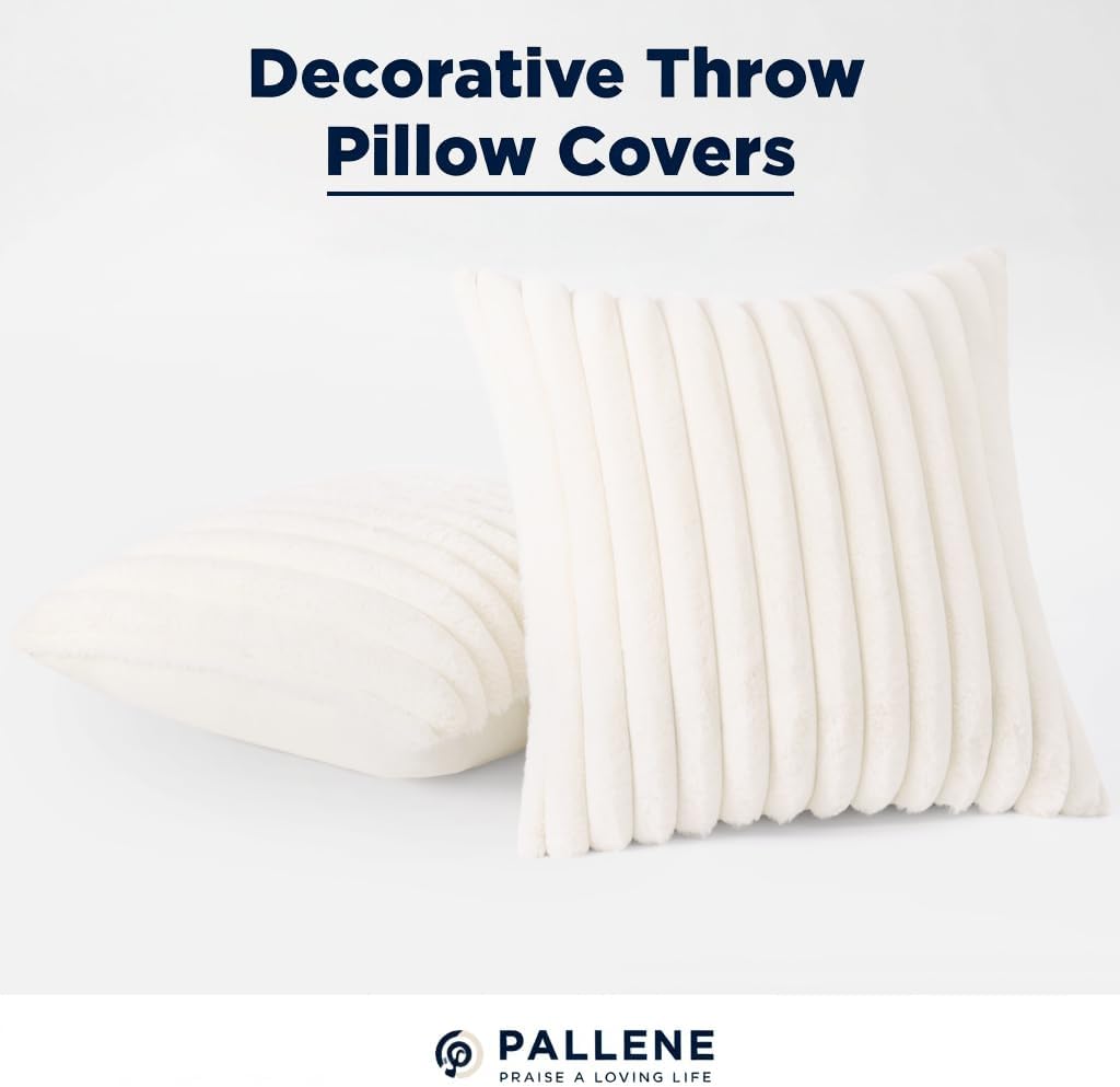 Pallene Faux Fur Throw Pillow Covers - Luxury Soft Fluffy Striped Set of 2 | 18x18 Cream White