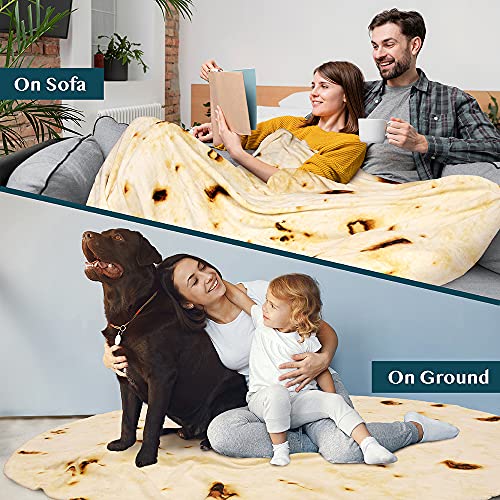 PAVILIA Burrito Tortilla Blanket, Double Sided Taco Flour Wrap Novelty Throw for Adult Kid Teen, Realistic Food Blanket, Funny Gag Gift for Birthday, Beige Flour 80in