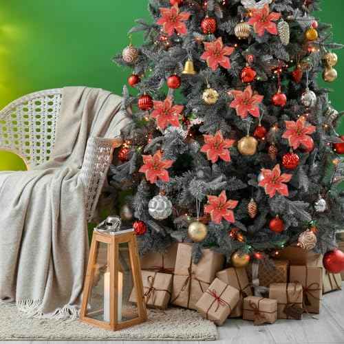12Pcs Poinsettia Flower Artificial Poinsettia with Stem Christmas Decor Glitter Poinsettia Christmas Ornaments Christmas Tree Flower Decoration DIY Xmas Wreath Mantle Party Decor (Silver)