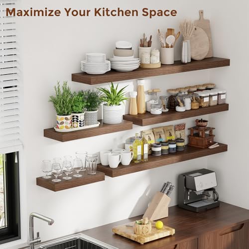 Heimlove 24-Inch Walnut Floating Wall Shelves Set of 2 Rustic Wood Wall Mounted Storage