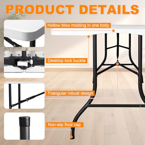 8ft Folding Portable Heavy Duty Plastic Table - White, Indoor & Outdoor Use