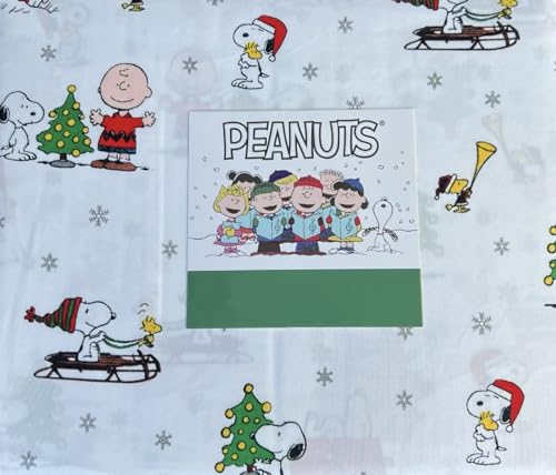 Berkshire Blanket & Home Co Peanuts Christmas Winter Themed Sheet Sets Twin White - Silver Snowflakes, Sledding, Doghouse W/Lights