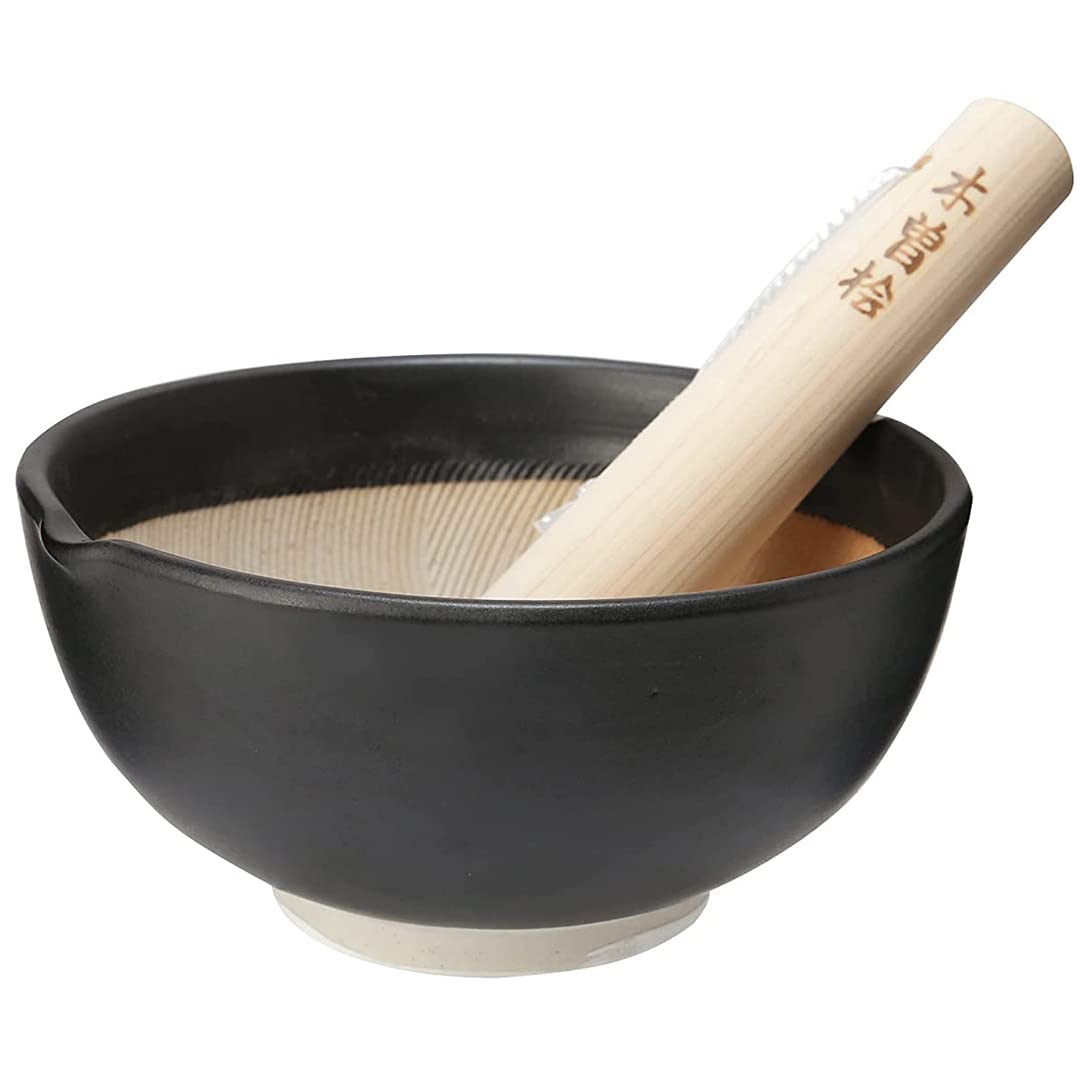 TIKUSAN Ceramic Ripple Ridge Mortar & Pestle (Suribachi & Surikogi) Set with Spout Made in Japan Mino Ware (Medium Black)