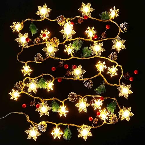 30 Led 10ft Christmas Garland Snowflake Lights, Pine Cones Red Berry Battery Operated Fairy String Lights 8 Lighting Modes with Timer Indoor Outdoor Tree Decor Fireplace Mantle Decorations Warm White