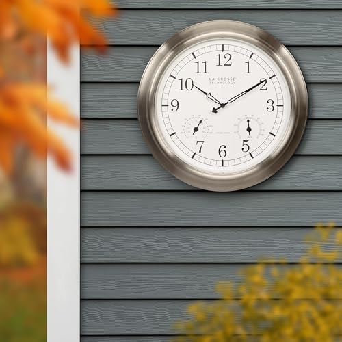 17.9-Inch Indoor/Outdoor Atomic Wall Clock with Stainless Steel Frame & Weather-Resistant Design - Classic Analog Time & Temperature Gauge - Variation: Round Clocks / 18 Inch / Stainless Steel