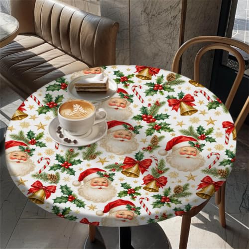 Santa Bells 60 Inch Round Waterproof Fitted Tablecloth with Elastic Edge - Christmas Decor