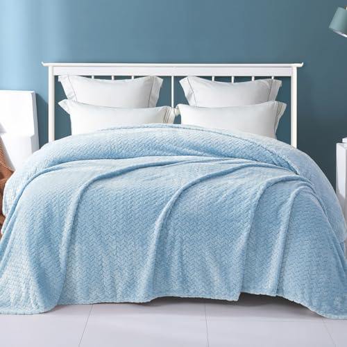 Exclusivo Mezcla Light Blue Fleece Queen Size Blanket for Bed, 90x90 Inches Soft Cozy Jacquard Flannel Blankets, Lightweight Fuzzy Plush Warm for All Seasons