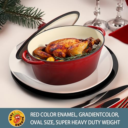 9.6 QT Enamel Cast Iron Dutch Oven - Red Gradient, Oval, Heavy Duty