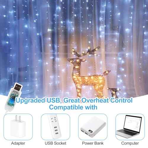 300 LED Fairy Curtain Lights, 9.8 x 9.8FT Cold White USB Plug in 8 Modes String Hanging Lights with Remote for Christmas, Bedroom, Indoor, Outdoor, Weddings, Party (Cold White)
