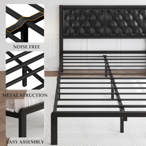 HISOFT Queen Bed Frame with Upholstered Button Tufted Headboard - Black, Platform Support, Under Bed Storage, Noise-Free, Easy Assembly