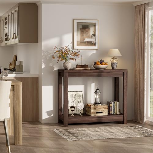 Small Farmhouse Entryway Table with Storage - Black Walnut, 32 Inch Narrow Console