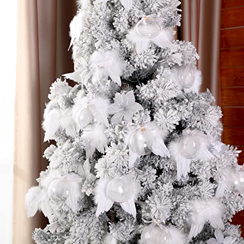 Sratte 12 Sets Christmas Memorial Ornament Feather Ball 80 mm - Clear Plastic Ornaments with White Ribbon