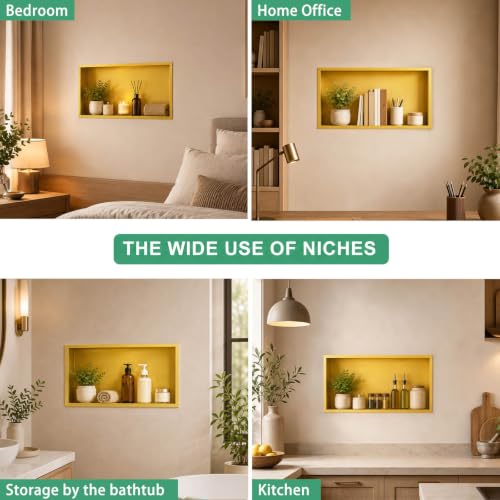 Stainless Steel Shower Niche Insert 24x12 Brushed Gold - Waterproof, No Tile Needed