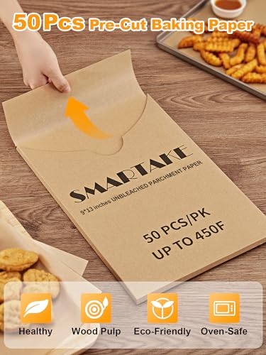 SMARTAKE 300 Pcs Parchment Paper Baking Sheets, 9x13 Inches Non-Stick Precut Baking Parchment, for Baking Grilling Air Fryer Steaming Bread Cup Cake Cookie and More (Unbleached)