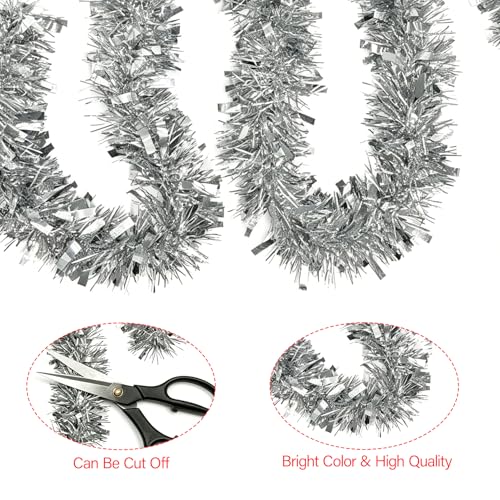 33FT Silver Christmas Tinsel Garland Decorations, Shiny Thick Rope