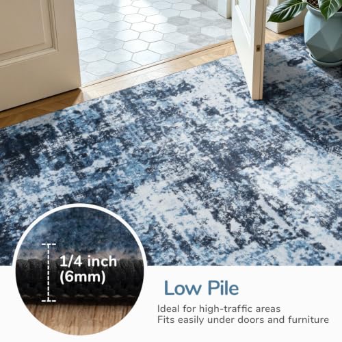 Dark Blue 9x12 Washable Abstract Area Rug for Living Room & Home Decor