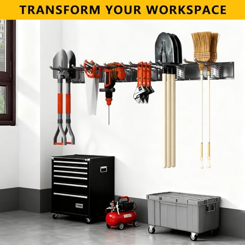 Garage Tool Organizer Wall Mount with 6 Adjustable Double Hooks - 48in Heavy-Duty Storage System