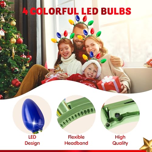 JOYIN 1 Pack Christmas Headband LED Light Bulb Flashing Headband with 4 Colorful LED Bulbs for Adults Kids Accessories Christmas Party Favors Xmas Party Supplies