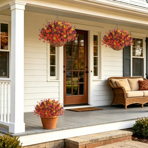 Artificial Fall Mums Hanging Flowers Basket - Outdoor Decor, Orange Brown Yellow