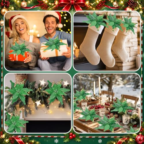 Giegxin Green 12-Inch Christmas Glitter Poinsettia Artificial Flowers - 8 Pack