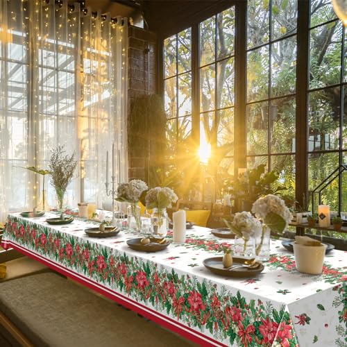 MASHAN 12-Pack Christmas Holly Poinsettia Tablecloths 54x108in Holiday Decor