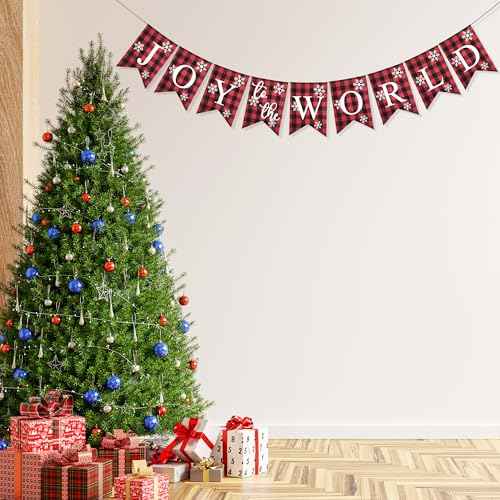 Uniwish Joy to the World Banner Christmas Decorations Buffalo Plaid Xmas Sign Winter Holiday Christmas Office Home Decor for Wall Farmhouse Indoor Outdoor Party Supplies