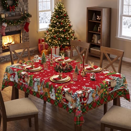JNDJE Christmas Santa & Snowman Water Resistant Tablecloth 60x140 Inch, Farmhouse Holiday Decor