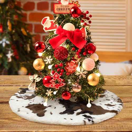 Cow Print Christmas Tree Skirt,24Inch Western Cowhide Tree Shirt,Christmas Tree Decorations Mats, Decor Xmas Holiday Home Party Decorations