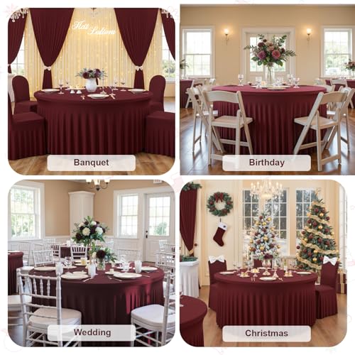 4 Pack Burgundy Round Tablecloth with Skirt, 60 Inch Elastic Fitted
