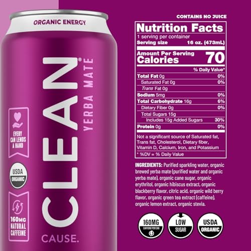 CLEAN Cause Low Calorie Sparkling Yerba Mate Tea Variety Pack - 12 Cans, 4 Flavors