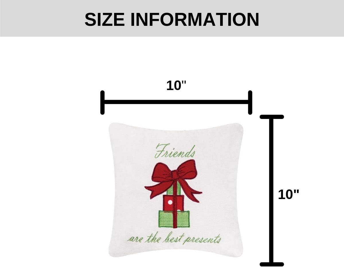 Embroidered Accent Pillow - 10" x 10" Friends Are The Best Presents - Festive Winter Holiday Decor for Sofa, Couch, Chair, Bed