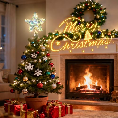 Iridescent Christmas Tree Topper Star - 6 Inch Shiny Holiday Decor with Timer & Warm Lights
