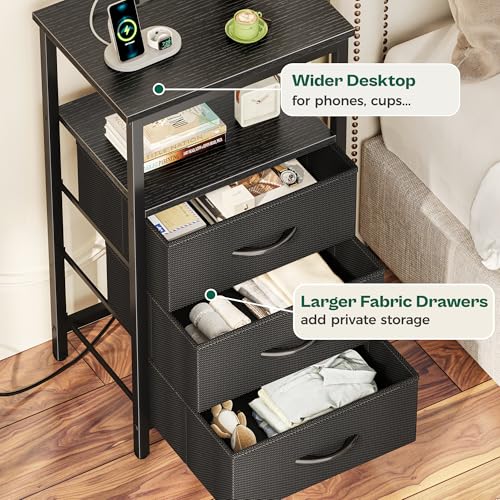 Huuger Nightstand with Charging Station & LED Lights - Black, 3 Drawers, 15.7 x 11.8 x 27.6 inches