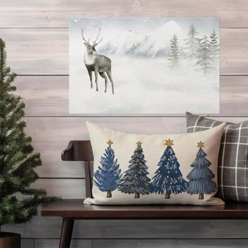 Blue Christmas Throw Pillow Cover 12x20 Inch Christmas Tree Decorations Outdoor Winter Holiday Xmas Decorative Lumbar Throw Pillow Case for Home Sofa Couch Living Room Bedroom Decor