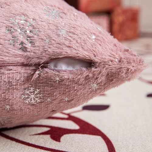 AQOTHES Soft Faux Fur Fuzzy Cute Decorative Throw Pillows Covers with Snowflake Glitter Printed Pillowcases for Christmas Decor Home Bed Room Sofa Chair Couch, Pink 18x18 inch, Pack of 2